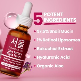 SeoulCeuticals 1% Korean Retinol Night Serum for Face - 97.5% Snail Mucin + Hyaluronic Acid + Bakuchiol, Cruelty Free K Beauty for Sensitive Skin 1oz SeoulCeuticals 1% Korean Retinol Night Serum for Face - 97.5% Snail Mucin + Hyaluronic Acid + Bakuchiol, Cruelty Free K Beauty for Sensitive Skin 1oz