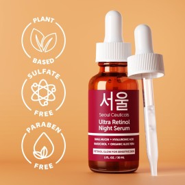 SeoulCeuticals 1% Korean Retinol Night Serum for Face - 97.5% Snail Mucin + Hyaluronic Acid + Bakuchiol, Cruelty Free K Beauty for Sensitive Skin 1oz SeoulCeuticals 1% Korean Retinol Night Serum for Face - 97.5% Snail Mucin + Hyaluronic Acid + Bakuchiol, Cruelty Free K Beauty for Sensitive Skin 1oz