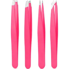Tweezers Set, High Precision Stainless Steel Eyebrow Tweezers for Facial Hair, Inward Growing Hair and Splinter Remover Kit, Suitable for Women and Men, 4-Piece Set. (pink)