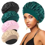 FIRSTPELLA 4PCS Silk Satin Bonnets for Black Women & Men - Elastic Wide Band Hair Wrap Cap for Curly Hair - Shower Cap for Sleeping (Black, Peacock Blue, Pink, Khaki)