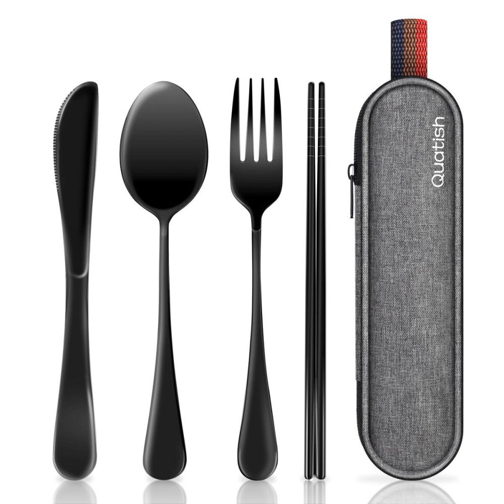Travel Utensils with Case, Quatish Portable Silverware Set for Work, Stainless Steel Reusable Travel Cutlery Set, Fork and Spoon Set for Camping, Picnic, Gadgets, Lunch Box for Men, Black Travel Utensils with Case, Quatish Portable Silverware Set for Work, Stainless Steel Reusable Travel Cutlery Set, Fork and Spoon Set for Camping, Picnic, Gadgets, Lunch Box for Men, Black