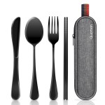 Travel Utensils with Case, Quatish Portable Silverware Set for Work, Stainless Steel Reusable Travel Cutlery Set, Fork and Spoon Set for Camping, Picnic, Gadgets, Lunch Box for Men, Black