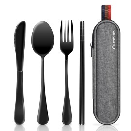 Travel Utensils with Case, Quatish Portable Silverware Set for Work, Stainless Steel Reusable Travel Cutlery Set, Fork and Spoon Set for Camping, Picnic, Gadgets, Lunch Box for Men, Black Travel Utensils with Case, Quatish Portable Silverware Set for Work, Stainless Steel Reusable Travel Cutlery Set, Fork and Spoon Set for Camping, Picnic, Gadgets, Lunch Box for Men, Black