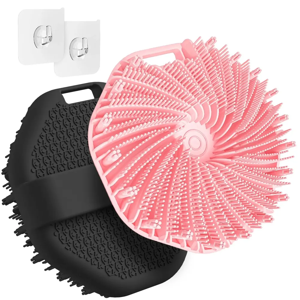 ManmiHealth 2 PCS Silicone Body Scrubber Shower Brush, Upgrade Super-Exfoliating Shower Scrubber with Non-Slip Hand Strap, Silicone Body Buffer for Use in Shower (Black+Pink)