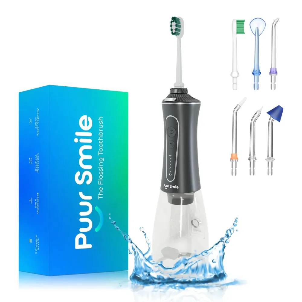 Puur Smile Professional Water Flosser - Advanced Dental Care for a Healthier Mouth, Gum, and Teeth - IPX7 Waterproof Oral Irrigator | 7 Replacement Tips, Travel-Friendly, Rechargeable - Oral Hygiene