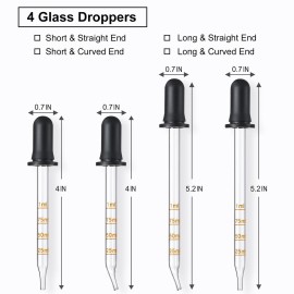 4 Pack, 1 mL Glass Eye Dropper with Measurement - Long & Short, Bent & Straight Tip Calibrated Glass Medicine Droppers, Accurate Dose Pipette Dropper for Essential Oils, Feeding, Ear, Lab, Health Care