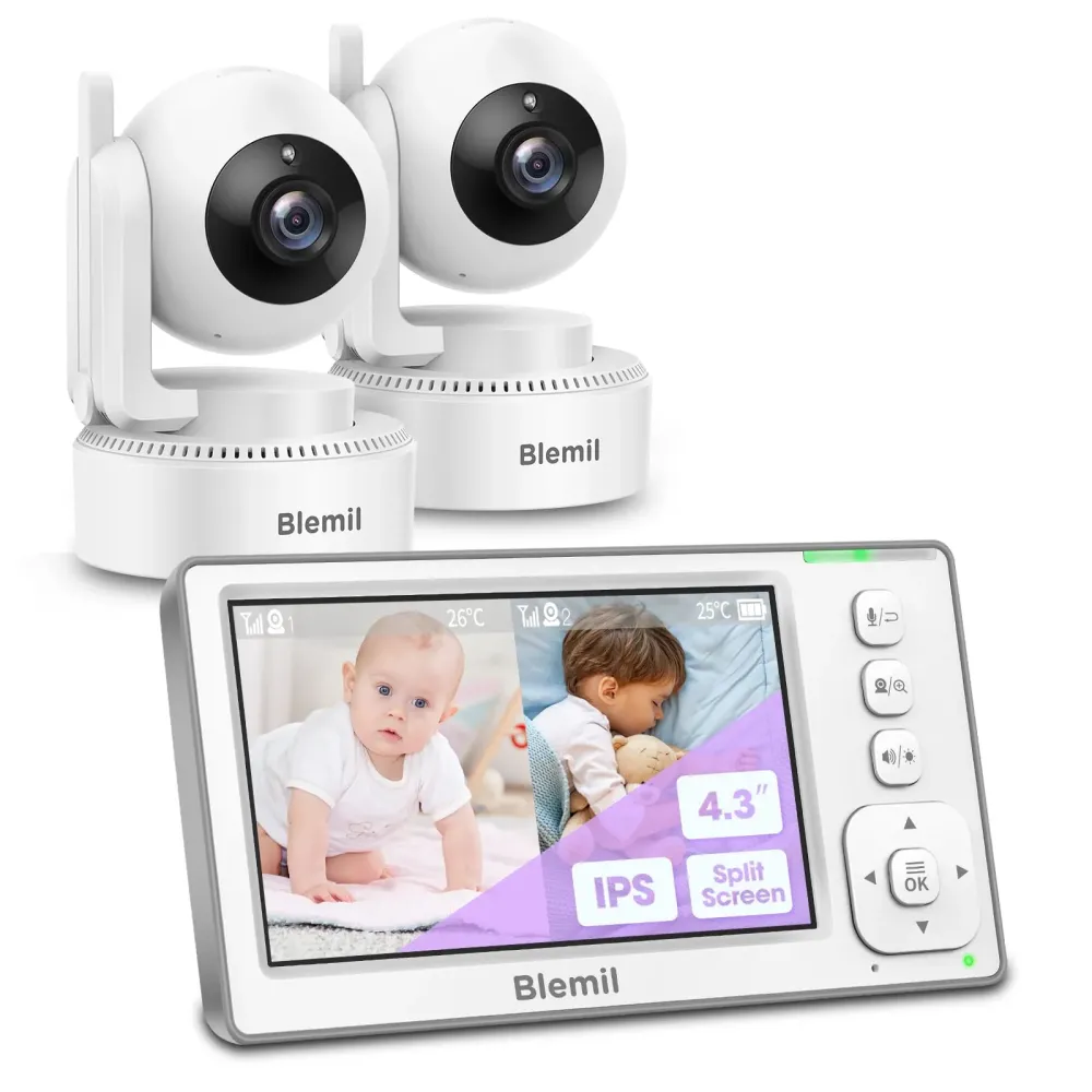Blemil Baby Monitor with 2 Cameras and Audio, 4.3\'\' IPS Split-Screen Monitor with 29-Hour Battery, 1000ft Range Pan-Tilt-Zoom Video Baby Monitor No WiFi, 2X Zoom