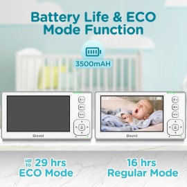 Blemil Baby Monitor with 2 Cameras and Audio, 4.3\'\' IPS Split-Screen Monitor with 29-Hour Battery, 1000ft Range Pan-Tilt-Zoom Video Baby Monitor No WiFi, 2X Zoom
