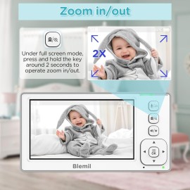 Blemil Baby Monitor with 2 Cameras and Audio, 4.3\'\' IPS Split-Screen Monitor with 29-Hour Battery, 1000ft Range Pan-Tilt-Zoom Video Baby Monitor No WiFi, 2X Zoom