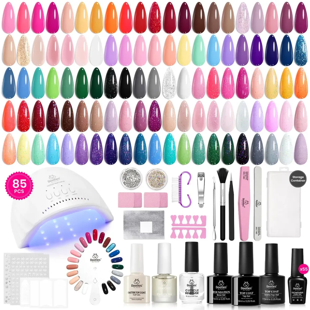 Beetles Gel Nail Polish Kit with U V Light 85Pcs, 55 Colors Seasonal Symphony Set with Diamond Decorations & Manicure Art Stickers and Tools Soak Off for All Season Beetles Gel Nail Polish Kit with U V Light 85Pcs, 55 Colors Seasonal Symphony Set with Diamond Decorations & Manicure Art Stickers and Tools Soak Off for All Season