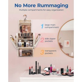 BAGSMART Toiletry Bag Travel Makeup Bag with Hanging Hook, Cosmetic Bag Make Organizer Case, Large Capacity Water-resistant Organizer for Toiletries Accessories Brushes Sponge, Beige