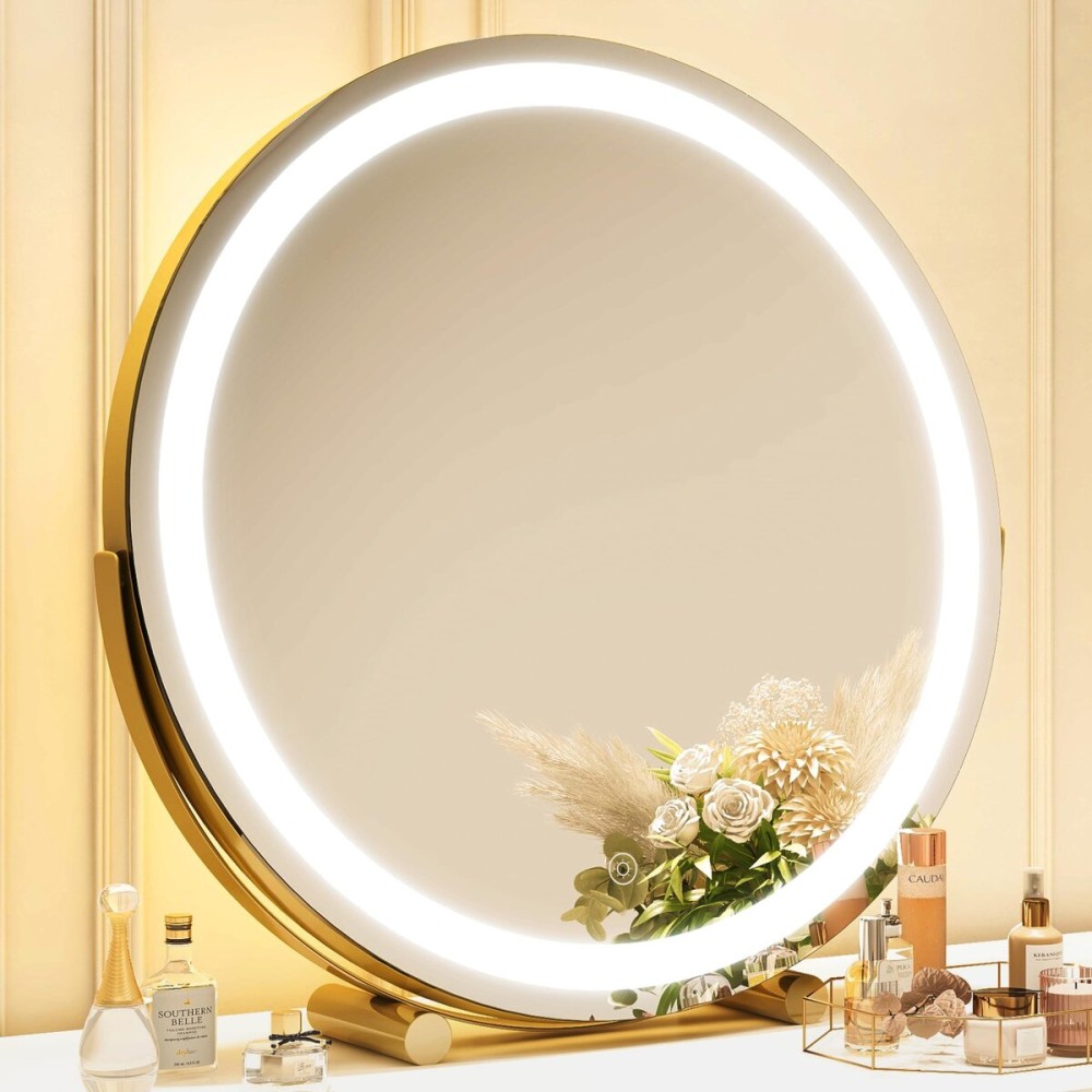 ROLOVE Gold Vanity Mirror, 18 Inch Lighted Makeup Mirror with Smart Touch 3 Colors Dimmable, Tabletop, 360 Rotation ROLOVE Gold Vanity Mirror, 18 Inch Lighted Makeup Mirror with Smart Touch 3 Colors Dimmable, Tabletop, 360 Rotation