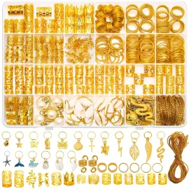Qinzave 285PCS Gold Hair Jewelry for Braids, Gold Dreadlock Jewelry Accessories Braid Jewelry with Gold Pendants, Loc Jewelry for Hair Dreadlocks Gold Rings Cuff Clips Charms for Braid Decoration