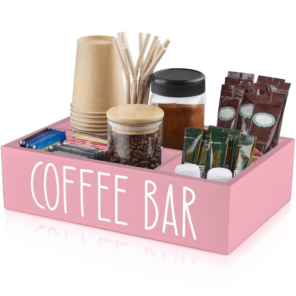 ALEION Coffee Station Organizer - Wood Countertop Accessories Organizer with Removable Dividers for Pods Condiment Syrup Tea Cups Stirrers - Pink Decor for Kitchen Coffee Bar ALEION Coffee Station Organizer - Wood Countertop Accessories Organizer with Removable Dividers for Pods Condiment Syrup Tea Cups Stirrers - Pink Decor for Kitchen Coffee Bar