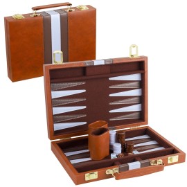RERIVER Backgammon Set 2 Players Classic Backgammon Sets for Adults Board Game with PU Leather Case Portable and Travel Backgammon Set (Brown, 11inch)