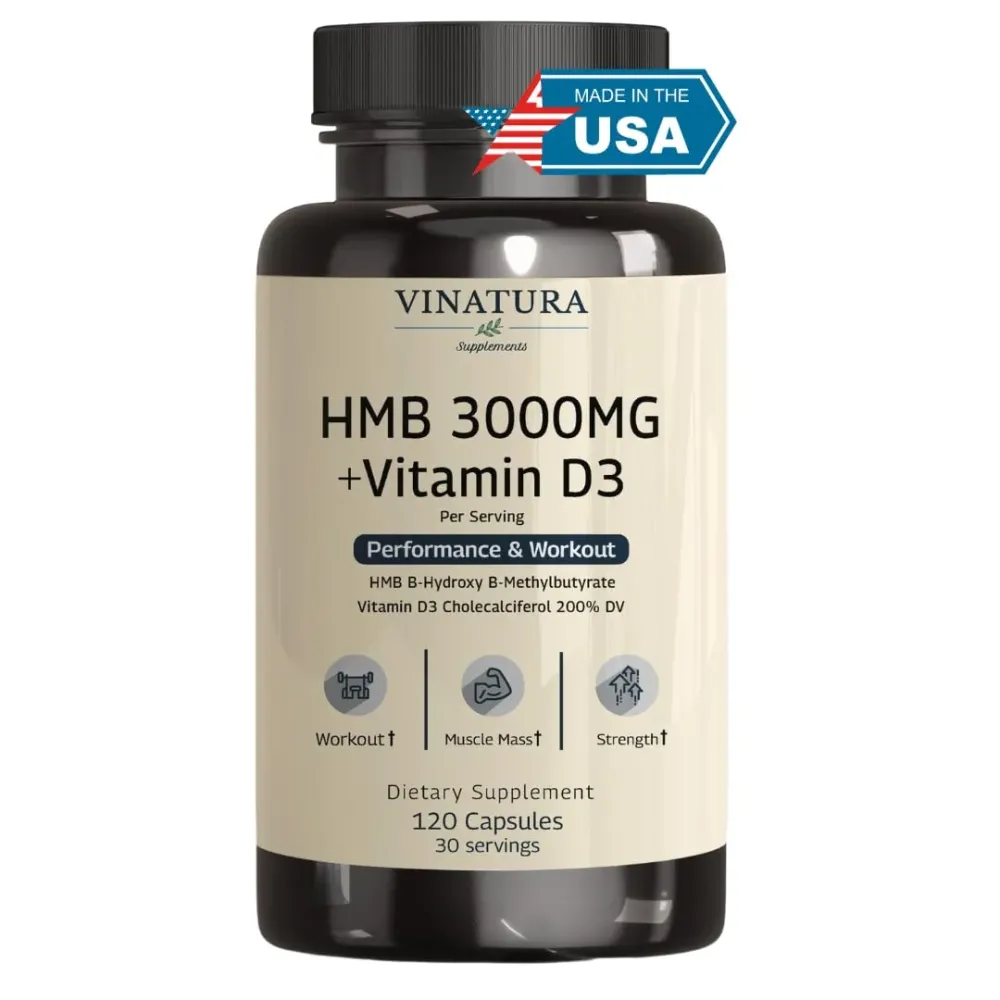 VINATURA HMB 3000mg and Vitamin D3 Supplement Capsules per Serving *USA Made & Tested* Promotes Muscle Growth & Recovery - HMB Supplement and Vitamin D3 (1600 IU) - 120 Capsules 30 Servings VINATURA HMB 3000mg and Vitamin D3 Supplement Capsules per Serving *USA Made & Tested* Promotes Muscle Growth & Recovery - HMB Supplement and Vitamin D3 (1600 IU) - 120 Capsules 30 Servings