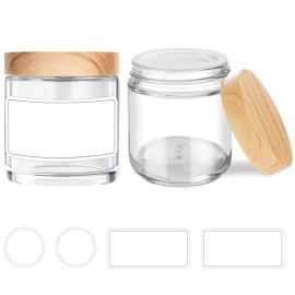 Small Glass Containers with Lids, 4 oz Glass Jars with Plastic Woodgrain Lids & Inner Liners, Reusable Travel Containers for Creams, Makeup, Lotion, Cosmetic - 2 pack