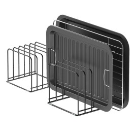 KORRTFID Kitchen Cabinet Organizer, Steel Cookware Holder, Divided Holder with 5 Slots for Skillets Baking Tray and Chopping Board Rack - Baking Pan Holder Storage (2 PCS)