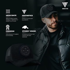 Urban Effort Mesh Back Cap - for Men and Women Baseball Hat 5-Panel Trucker Hat - Great Snapback Closure for Hunting & Hiking (Black/Black, Curved Trucker)
