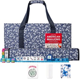 GUSTARIA American Mahjong Set,166 Premium Acrylic Tiles with Blue Prints, 4 All-in-One Color Rack/Pushers, Complete Mahjong Game Set with Floral Blue Carrying Bag