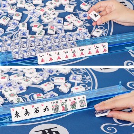 GUSTARIA American Mahjong Set,166 Premium Acrylic Tiles with Blue Prints, 4 All-in-One Color Rack/Pushers, Complete Mahjong Game Set with Floral Blue Carrying Bag GUSTARIA American Mahjong Set,166 Premium Acrylic Tiles with Blue Prints, 4 All-in-One Color Rack/Pushers, Complete Mahjong Game Set with Floral Blue Carrying Bag