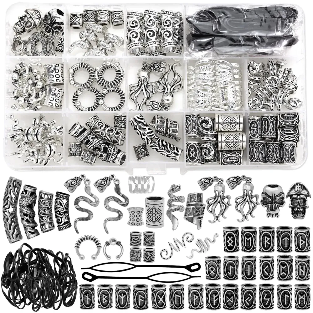 Fscwlmon 207Pcs Viking Hair Jewelry Nordic Runes Tube Beads,Accessories Kit for Braids Dreadlock Beard Locs,Metal Clips Cuff Rings,Braiding Beard Decoration Bracelets Pendant Necklace DIY Silver Fscwlmon 207Pcs Viking Hair Jewelry Nordic Runes Tube Beads,Accessories Kit for Braids Dreadlock Beard Locs,Metal Clips Cuff Rings,Braiding Beard Decoration Bracelets Pendant Necklace DIY Silver