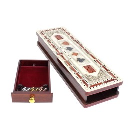 House of Cribbage - 3 Track Continuous Cribbage Board in Maple and Bloodwood - Inlaid Card Symbols (Suits) + Storage Drawer for Cribbage Pegs & Cards