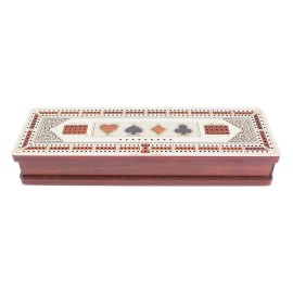 House of Cribbage - 3 Track Continuous Cribbage Board in Maple and Bloodwood - Inlaid Card Symbols (Suits) + Storage Drawer for Cribbage Pegs & Cards