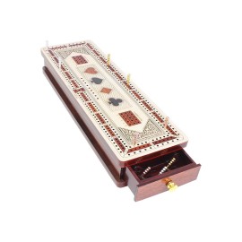 House of Cribbage - 3 Track Continuous Cribbage Board in Maple and Bloodwood - Inlaid Card Symbols (Suits) + Storage Drawer for Cribbage Pegs & Cards