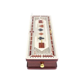 House of Cribbage - 3 Track Continuous Cribbage Board in Maple and Bloodwood - Inlaid Card Symbols (Suits) + Storage Drawer for Cribbage Pegs & Cards