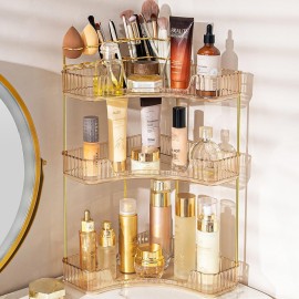 NATURE\'S SOURCE Makeup Organizer for Vanity, 3-Tier Corner Bathroom Organizer Countertop with Makeup Brush Holder, Corner Counter Storage for Bathroom Dresser- Amber Gold