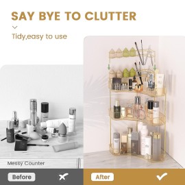 NATURE\'S SOURCE Makeup Organizer for Vanity, 3-Tier Corner Bathroom Organizer Countertop with Makeup Brush Holder, Corner Counter Storage for Bathroom Dresser- Amber Gold NATURE\'S SOURCE Makeup Organizer for Vanity, 3-Tier Corner Bathroom Organizer Countertop with Makeup Brush Holder, Corner Counter Storage for Bathroom Dresser- Amber Gold