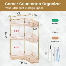 NATURE\'S SOURCE Makeup Organizer for Vanity, 3-Tier Corner Bathroom Organizer Countertop with Makeup Brush Holder, Corner Counter Storage for Bathroom Dresser- Amber Gold NATURE\'S SOURCE Makeup Organizer for Vanity, 3-Tier Corner Bathroom Organizer Countertop with Makeup Brush Holder, Corner Counter Storage for Bathroom Dresser- Amber Gold