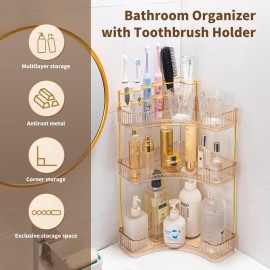 NATURE\'S SOURCE Makeup Organizer for Vanity, 3-Tier Corner Bathroom Organizer Countertop with Makeup Brush Holder, Corner Counter Storage for Bathroom Dresser- Amber Gold NATURE\'S SOURCE Makeup Organizer for Vanity, 3-Tier Corner Bathroom Organizer Countertop with Makeup Brush Holder, Corner Counter Storage for Bathroom Dresser- Amber Gold