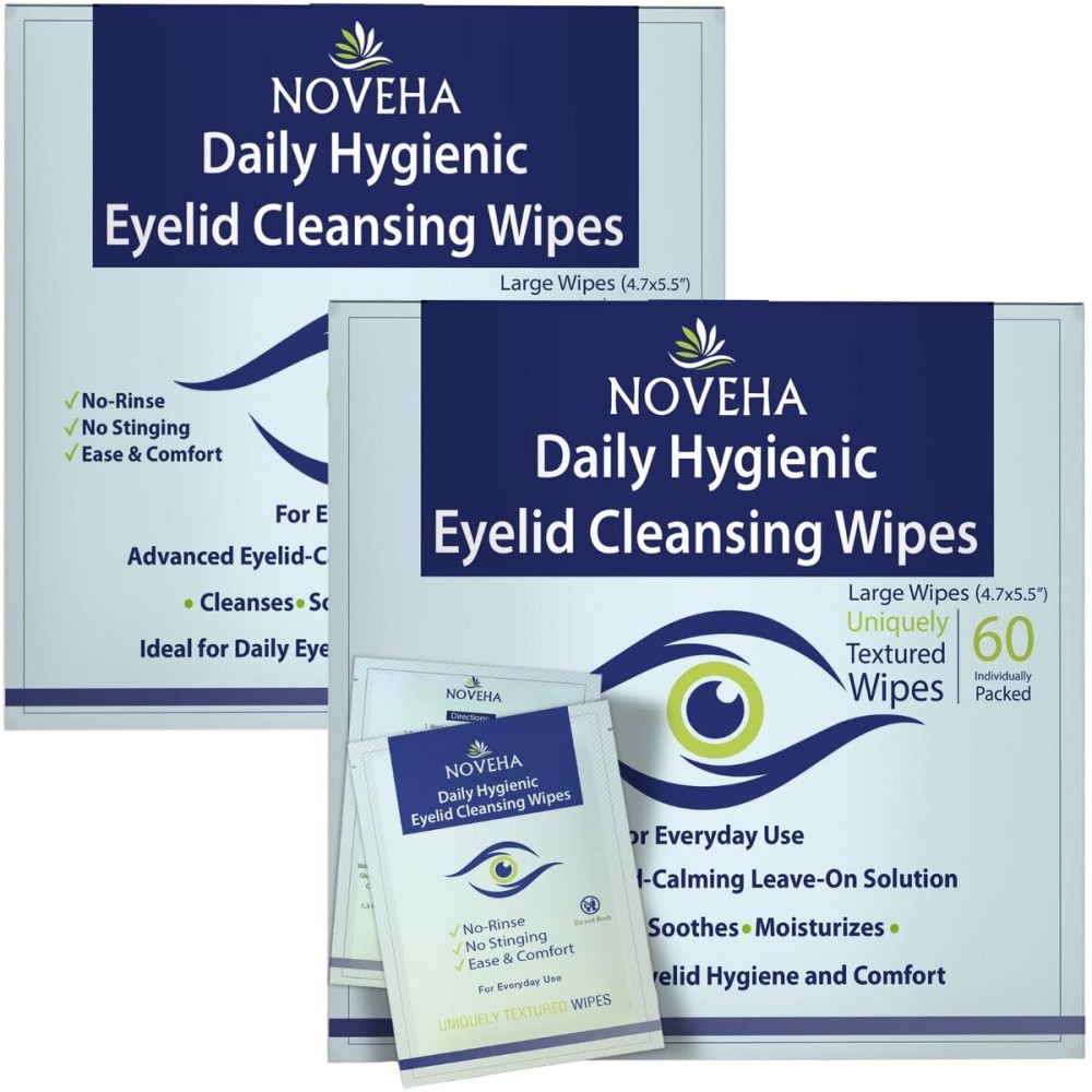 NOVEHA 120Pcs Daily Hygienic Eyelid & Lash Wipes | 120 Individually Wrapped Cleansing Eyelash Wipes - For Blepharitis & Itchy Eyes, Demodex and Natural Makeup Remover & Daily Cleanser (2 Pack) NOVEHA 120Pcs Daily Hygienic Eyelid & Lash Wipes | 120 Individually Wrapped Cleansing Eyelash Wipes - For Blepharitis & Itchy Eyes, Demodex and Natural Makeup Remover & Daily Cleanser (2 Pack)