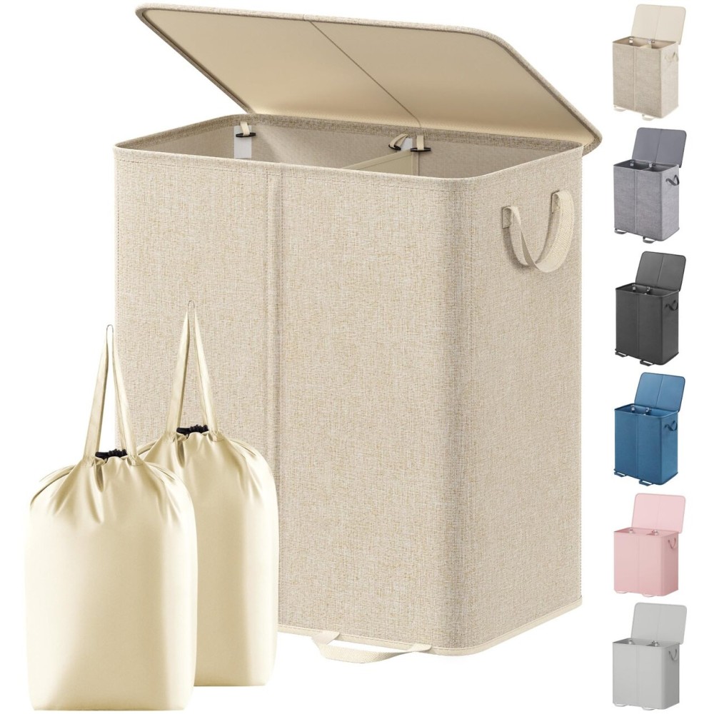 Lifewit Double Laundry Hamper with Lid and Removable Laundry Bags, Large Collapsible 2 Dividers Dirty Clothes Basket with Handles for Bedroom, Laundry Room, Closet, Bathroom, College, 136L Beige Lifewit Double Laundry Hamper with Lid and Removable Laundry Bags, Large Collapsible 2 Dividers Dirty Clothes Basket with Handles for Bedroom, Laundry Room, Closet, Bathroom, College, 136L Beige