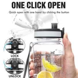 OLDLEY Water Bottle, 32oz Motivational Sports Water Bottle with Time Marker - Times to Drink - Tritan, BPA Free, Wide Mouth Leakproof, Clear (1 Bottle)