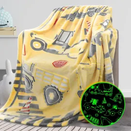 REXEO Glow in The Dark Truck Blanket for Kids - Cute Soft Excavators Fleece Construction Toddler Boy Blanket - Birthday Gifts