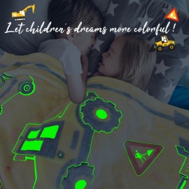 REXEO Glow in The Dark Truck Blanket for Kids - Cute Soft Excavators Fleece Construction Toddler Boy Blanket - Birthday Gifts