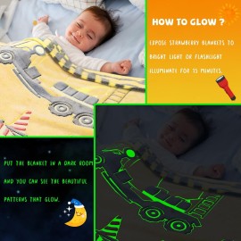 REXEO Glow in The Dark Truck Blanket for Kids - Cute Soft Excavators Fleece Construction Toddler Boy Blanket - Birthday Gifts
