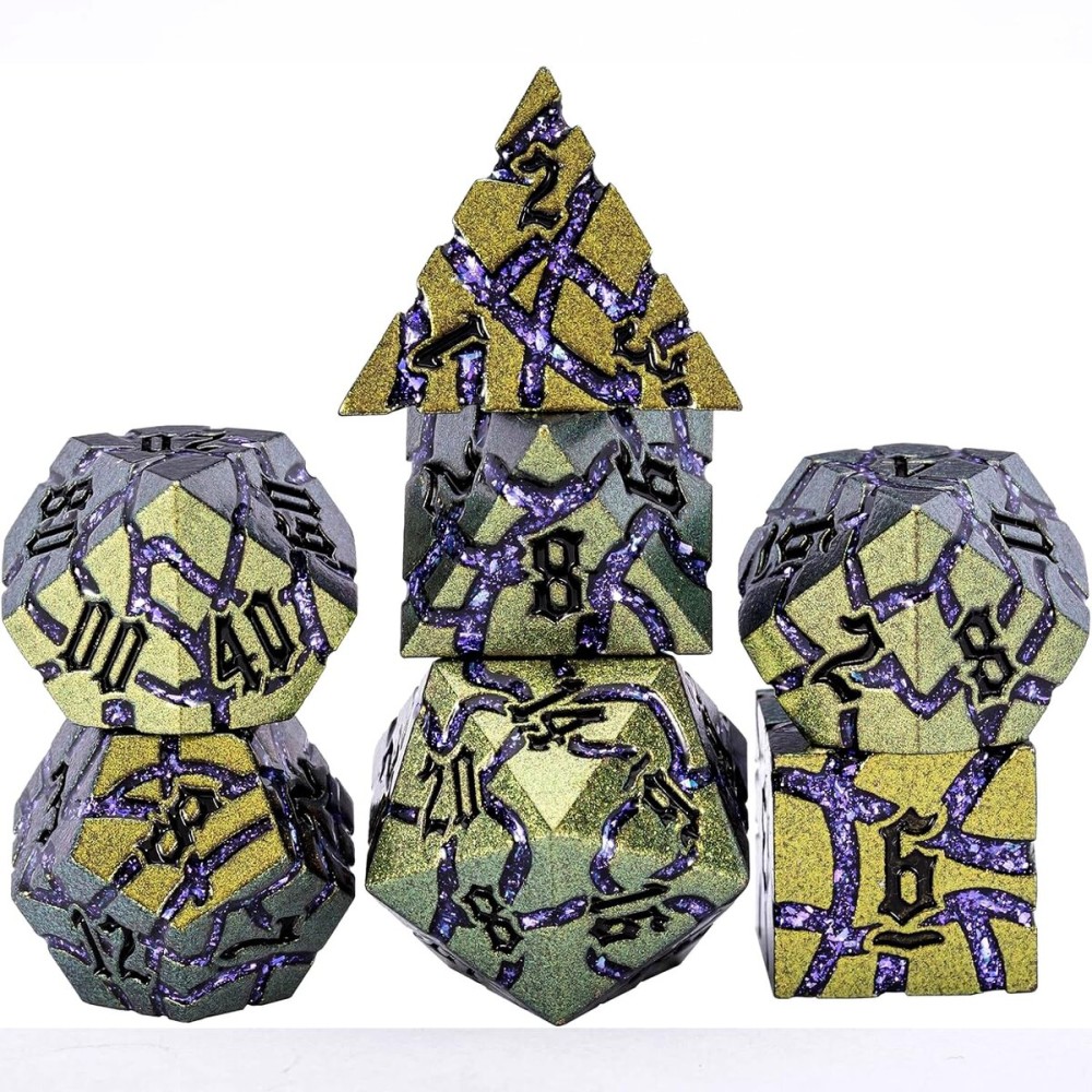 Maywin Dice Set D&D Metal,DND Metallic Glitter Crack Dice with Gift Box for RPG Board Games (Greenish Yellow Color + Purple)