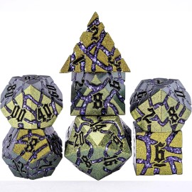 Maywin Dice Set D&D Metal,DND Metallic Glitter Crack Dice with Gift Box for RPG Board Games (Greenish Yellow Color + Purple)