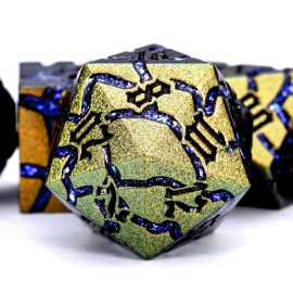 Maywin Dice Set D&D Metal,DND Metallic Glitter Crack Dice with Gift Box for RPG Board Games (Greenish Yellow Color + Purple)