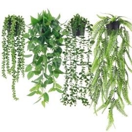 Der Rose 4Pcs Fake Plants Hanging Artificial Ivy Vine Faux Eucalyptus Hanging Plants, Boston Fern, String of Pearls for Home Boho Wall Shelf Indoor Outdoor Decor
