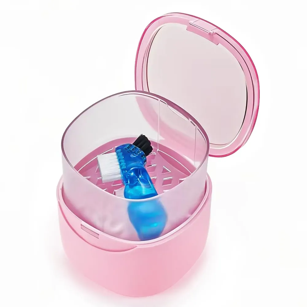 EZEELAI Partial Denture Case Leak Proof with Strainer Basket and Brush, Waterproof Denture Cup Retainer Cleaning Bath Case Travel for Dentures, Braces, Night Guard - Pink EZEELAI Partial Denture Case Leak Proof with Strainer Basket and Brush, Waterproof Denture Cup Retainer Cleaning Bath Case Travel for Dentures, Braces, Night Guard - Pink