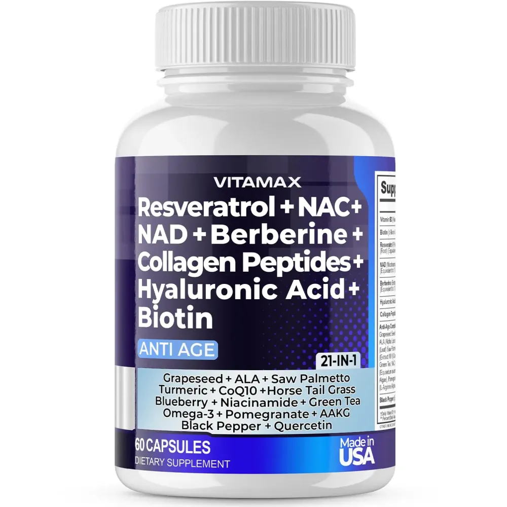 Resveratrol NAD+ Berberine Hyaluronic Acid - Biotin Grape & Blueberry + NAC - Collagen Peptides - Hair, Nail, Skin & Joint Supplement - 21-in-1 Women and Men - Made in USA (60 Count (Pack of 1) Resveratrol NAD+ Berberine Hyaluronic Acid - Biotin Grape & Blueberry + NAC - Collagen Peptides - Hair, Nail, Skin & Joint Supplement - 21-in-1 Women and Men - Made in USA (60 Count (Pack of 1)