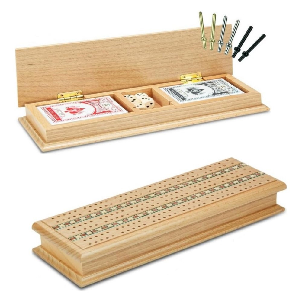 Tradeopia Wooden Cribbage Board Game - 3 Track with Storage Cabinet, Includes Metal Crib Pegs and 2 Deck of Playing Card, Wooden Crib Game Set, Travel Games