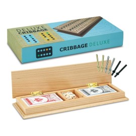 Tradeopia Wooden Cribbage Board Game - 3 Track with Storage Cabinet, Includes Metal Crib Pegs and 2 Deck of Playing Card, Wooden Crib Game Set, Travel Games