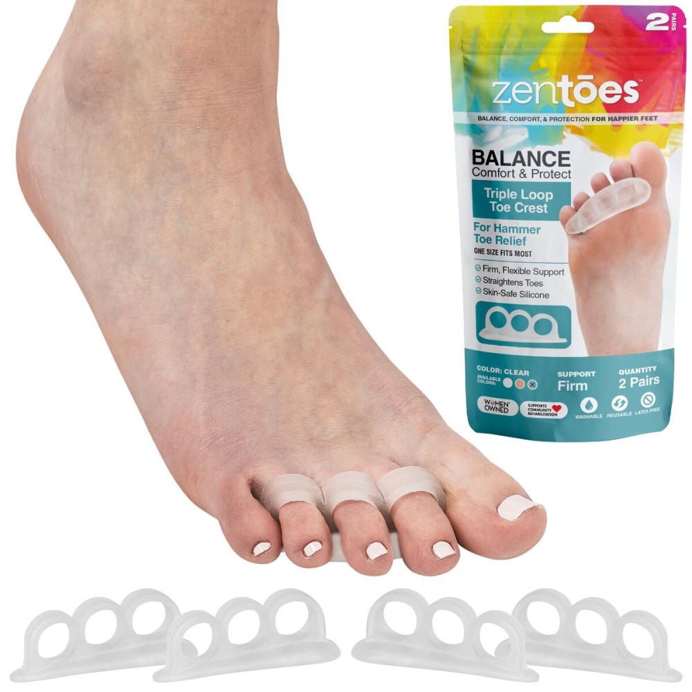 ZenToes Hammer Toe Corrector for Women & Men | Triple Loop Gel Toe Spacers & Separators | Realign Bent, Crooked, Curled, Claw, Hammertoes | Firm Support for Straightening | 4 Pack, Clear ZenToes Hammer Toe Corrector for Women & Men | Triple Loop Gel Toe Spacers & Separators | Realign Bent, Crooked, Curled, Claw, Hammertoes | Firm Support for Straightening | 4 Pack, Clear