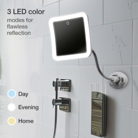 Fancii 10x Flexible Magnifying Mirror with 3 LED Light Settings, Rechargeable - Gooseneck Lighted Makeup Mirror for Bathroom, Locking Suction Mount, Cordless, 360 Rotatable (Mira 2 Plus)